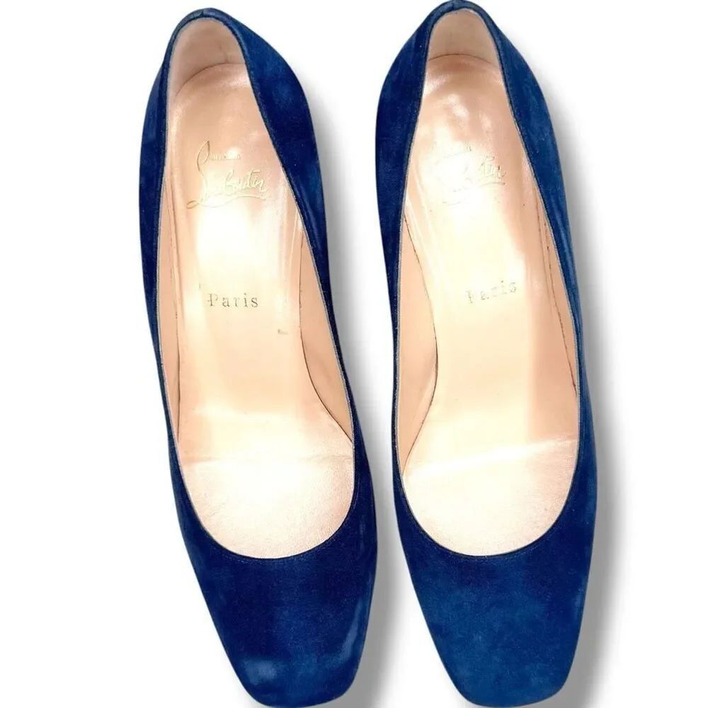 Christian Louboutin Donna Stud 55 Veau Velours Blue Suede Block Heel Pump 38.5 - Picture 2 of 9